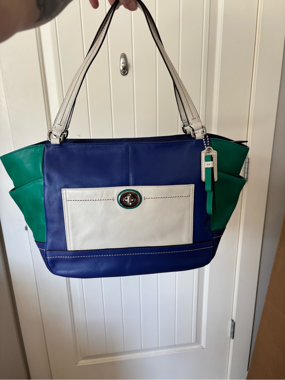 Coach Carrie Colorblock Leather Tote Bag Blue Green White Y2K Shoulder Purse